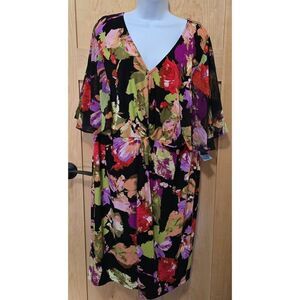 Floral multi color  Print V-Neck mock wrap Dress By London Times Woman 18W